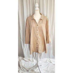 Catherines Women’s Linen Blend Beige Button Down 3/4 Sleeved Shirt Womens 3XL